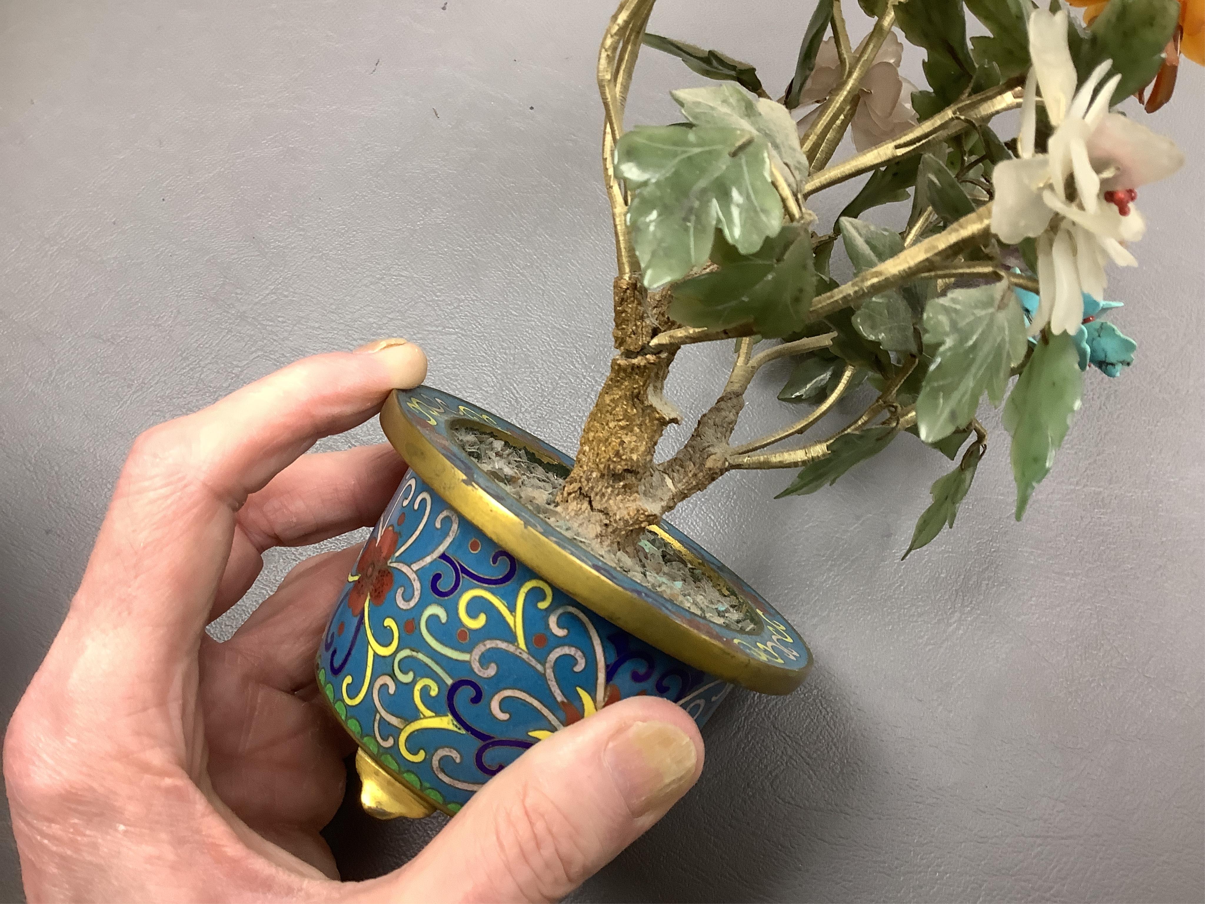 A pair of Chinese hardstone trees, in cloisonne jardinieres, 23cm high